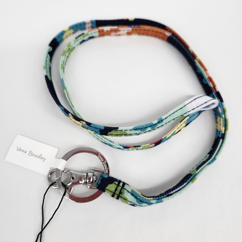 NEW Vera Bradley ReActive Lanyard Blue Happy Blooms Cross-Stitch Keyring ID Gift